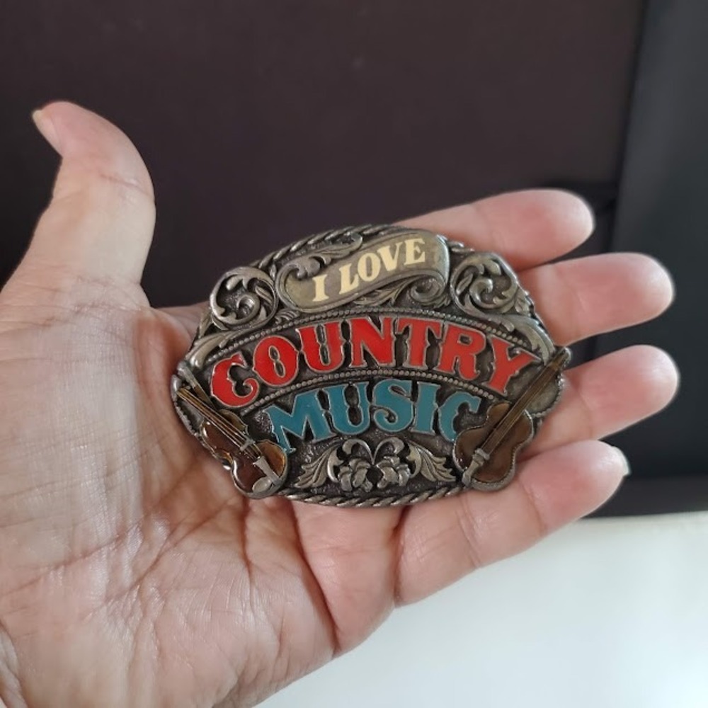 Vintage 1988 Siskiyou I Love Country Music Belt Buckle Pewter Fiddle E-80 USA